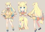  1girl :o animal_ears bangs bear_ears blonde_hair bloomers blush bow brown_background closed_mouth commentary_request dress eyebrows_visible_through_hair green_eyes hair_bow head_tilt long_hair long_sleeves looking_at_viewer looking_away low-tied_long_hair meito_(maze) multiple_views orange_bloomers orange_bow orange_dress original parted_lips profile simple_background sleeves_past_wrists smile striped striped_bow underwear very_long_hair wide_sleeves x-ray 