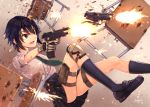  1girl black_hair black_legwear blue_eyes blurry blurry_background blurry_foreground chair desk dreadtie dual_persona fingerless_gloves gloves gun handgun highres holster loafers necktie open_mouth original pleated_skirt school_desk shoes short_hair single_knee_pad skirt solo thigh_holster weapon 