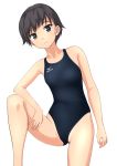  1girl absurdres black_eyes black_hair black_swimsuit competition_swimsuit flat_chest gluteal_fold highres leg_up looking_at_viewer mizuno one-piece_swimsuit original parted_lips short_hair simple_background solo swimsuit takafumi white_background 