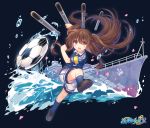  1girl anchor arm_up ball bangs blue_background blue_legwear blue_shirt blush brown_eyes brown_footwear brown_hair character_request collared_shirt commentary_request eyebrows_visible_through_hair hair_between_eyes hand_up jiang-ge kneehighs long_hair official_art open_mouth petals ship shirt shoes short_shorts short_sleeves shorts simple_background soccer_ball soccer_uniform solo sportswear torpedo twintails upper_teeth v-shaped_eyebrows very_long_hair water water_drop watercraft waves white_shorts zhan_jian_shao_nyu 