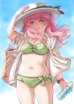  1girl bag bikini blue_sky bottle breasts cleavage day green_bikini green_eyes hat highres jacket kosai_takayuki large_breasts long_hair looking_at_viewer open_clothes open_jacket original pink_hair sky smile solo swimsuit watch watch wind 