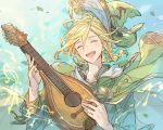  blonde_hair braid caro_(granblue_fantasy) closed_eyes granblue_fantasy guitar hat instrument long_hair male_focus musical_note official_art open_mouth solo 