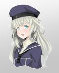  1girl alternate_hair_length alternate_hairstyle blue_eyes blue_hat clothes_writing dress gradient gradient_background grey_background hat highres kantai_collection long_hair looking_at_viewer open_mouth ryuun_(stiil) sailor_dress sailor_hat silver_hair solo upper_body z1_leberecht_maass_(kantai_collection) 