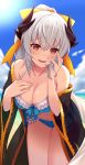  1girl bangs bare_shoulders bikini black_kimono blue_bikini blue_sky blush bow breasts cleavage collarbone dragon_girl dragon_horns eyebrows_visible_through_hair fate/grand_order fate_(series) hair_between_eyes hair_bow hand_on_own_chest highres hips horns japanese_clothes kimono kiyohime_(fate/grand_order) kiyohime_(swimsuit_lancer)_(fate) leaning_forward long_hair looking_at_viewer medium_breasts off_shoulder open_clothes open_kimono open_mouth red_eyes sky smile solo sukebewe swimsuit thighs very_long_hair white_hair yellow_bow 