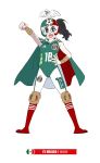  1girl 2018_fifa_world_cup :d animal animal_on_head bird bird_on_head blue_eyes bodysuit cape daibajoujisan fangs full_body hand_on_hip looking_at_viewer luchador luchador_mask mexican_flag mexico on_head open_mouth side_ponytail simple_background smile soccer soccer_ball_print solo white_background 