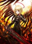  1girl adapted_costume blonde_hair commentary_request darkness ex-rumia expressionless fire halo highres holding holding_sword holding_weapon jacket red_eyes rumia short_hair spark621 sword touhou weapon wings 