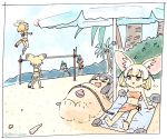  6+girls :d animal_ears barefoot beach beach_umbrella beach_volleyball black_hair blonde_hair brown_eyes buried cat_ears cat_tail closed_eyes commentary common_raccoon_(kemono_friends) day extra_ears fang fennec_(kemono_friends) fox_ears green_hair jumping kaban_(kemono_friends) kemono_friends multiple_girls open_mouth outdoors palm_tree panzuban sand sand_cat_(kemono_friends) seashell serval_(kemono_friends) serval_ears serval_tail shell short_hair sleeping smile tail tree tsuchinoko_(kemono_friends) umbrella 