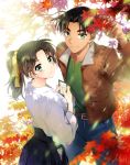  1boy 1girl ahoge arm_up autumn_leaves bangs belt black_hair blue_skirt blush brown_coat brown_hair coat commentary_request couple denim from_above green_eyes green_shirt hair_ribbon hattori_heiji hetero hip_vent holding holding_paper jeans leaf long_hair looking_at_viewer looking_back looking_up maple_leaf mca_(dessert_candy) meitantei_conan open_clothes open_coat pants paper parted_bangs ponytail ribbon shirt short_hair signature skirt smile tan thick_eyebrows tooyama_kazuha tree_branch white_shirt yellow_ribbon 