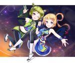  2girls blue_eyes detached_sleeves green_hair ice_skates light_brown_hair miniskirt multiple_girls o_n_j_i over-kneehighs pants pretty_rhythm pretty_rhythm_rainbow_live skates skirt sleeveless thigh-highs tight tight_pants violet_eyes 