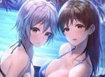  2girls anastasia_(idolmaster) bangs bare_shoulders bikini blue_bikini blue_eyes blush breasts brown_eyes brown_hair cleavage collarbone eyelashes hair_between_eyes idolmaster idolmaster_cinderella_girls large_breasts long_hair looking_at_viewer medium_breasts multiple_girls nitta_minami open_mouth short_hair silver_hair swimsuit takeashiro 