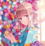  1girl bangs blonde_hair blunt_bangs blurry blush commentary_request depth_of_field earrings eyebrows_visible_through_hair flower flower_earrings flower_request hair_flower hair_ornament hands_up hiten_(hitenkei) holding japanese_clothes jewelry kimono looking_at_viewer looking_to_the_side obi original sash shiny shiny_hair sidelocks smile solo tagme tareme upper_body violet_eyes 