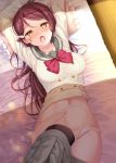  1girl arms_up blush commentary_request frilled_pillow frills from_above hair_ornament hairclip komone_ushio long_hair looking_at_viewer love_live! love_live!_sunshine!! lying nose_blush on_back open_mouth panties pillow redhead sakurauchi_riko school_uniform serafuku skirt skirt_around_one_leg solo sweat underwear white_panties wooden_floor yellow_eyes 