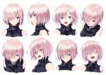  1girl absurdres blush closed_eyes eyebrows_visible_through_hair fate/grand_order fate_(series) hair_between_eyes hair_over_one_eye highres laika_(sputnik2nd) looking_at_viewer mash_kyrielight open_mouth pink_hair portrait short_hair sleeveless smile violet_eyes white_background 