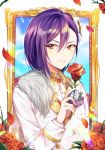  1girl bang_dream! boutonniere brooch collared_shirt flower formal grin hair_between_eyes hair_ornament holding holding_flower jewelry long_hair long_sleeves looking_at_viewer minori_(faddy) neck_ribbon petals picture_frame purple_hair red_eyes red_flower red_rose ribbon rose seta_kaoru shirt smile solo suit upper_body v-shaped_eyebrows white_flower white_neckwear white_rose white_suit 
