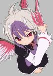  1girl ahoge between_fingers black_dress blush chestnut_mouth dress eyebrows_visible_through_hair eyelashes feathered_wings feathers fighting_stance foreshortening from_above grey_background head_wings long_sleeves looking_down marsen multicolored multicolored_hair multicolored_wings purple_hair red_eyes red_wings short_hair silver_hair simple_background single_head_wing solo tokiko_(touhou) touhou two-tone_hair v-shaped_eyebrows wide_sleeves wings 