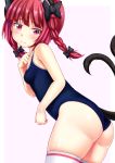  1girl animal_ears ass bare_arms bare_shoulders black_bow blush border bow braid breasts cat_ears cat_tail clenched_hand commentary_request cowboy_shot ebi_193 erect_nipples eyebrows_visible_through_hair fang fang_out hair_bow hand_up kaenbyou_rin long_hair looking_at_viewer multiple_tails nekomata one-piece_swimsuit purple_background red_eyes redhead revision school_swimsuit shiny shiny_skin simple_background skindentation small_breasts solo standing swimsuit tail thigh-highs thighs touhou twin_braids two_tails white_background white_border white_legwear 