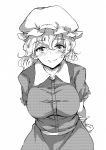  1girl arms_behind_back blush breasts buttons deetamu greyscale hand_on_hip hat highres large_breasts leaning_forward looking_at_viewer maribel_hearn mob_cap monochrome popped_collar short_hair smile touhou 