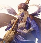  brown_eyes brown_hair cape elta_(granblue_fantasy) granblue_fantasy hairband instrument jewelry male_focus mmytwi open_mouth scarf short_hair smile solo 