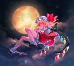  1girl ascot black_footwear blonde_hair bobby_socks bright_pupils closed_mouth clouds dress flandre_scarlet flying frilled_dress frills full_body full_moon hat hat_ribbon highres masanaga_(tsukasa) mob_cap moon night night_sky orange_eyes outdoors puffy_short_sleeves puffy_sleeves red_dress red_ribbon ribbon shoes short_hair short_sleeves side_ponytail sky smile socks solo touhou white_hat white_legwear white_neckwear white_pupils wings wristband 
