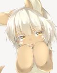  1girl animal_ears bangs blush claws eyebrows_visible_through_hair furrowed_eyebrows hands_on_own_face horizontal_pupils made_in_abyss nanachi_(made_in_abyss) neko_pachi open_mouth rabbit_ears red_pupils short_hair solo tail topless whiskers white_hair yellow_eyes 