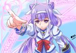  1girl android artist_request bangs bow bowtie cosplay eyebrows_visible_through_hair hairband highres hugtto!_precure jacket long_hair long_sleeves low_twintails lyrical_nanoha magic_circle magical_girl mahou_shoujo_lyrical_nanoha_strikers parody precure purple_hair red_ribbon ribbon ruru_amour seiyuu_connection solo sparks takamachi_nanoha takamachi_nanoha_(cosplay) tamura_yukari twintails violet_eyes white_jacket white_ribbon 