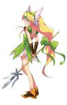  1girl absurdres arm_warmers arms_behind_back blonde_hair blue_eyes bow brown_footwear closed_mouth dress eyebrows_visible_through_hair forehead_jewel full_body green_bow green_dress highres holding holding_spear holding_weapon long_hair low-tied_long_hair pauldrons polearm riesz seiken_densetsu seiken_densetsu_3 shoes simple_background solo spear tokiani very_long_hair weapon white_background 