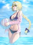  1girl absurdres ball bangs bare_shoulders beachball bikini black_bikini black_bow blonde_hair blue_sky bow braid breasts cleavage closed_mouth collarbone commentary_request day eyebrows_visible_through_hair fate/apocrypha fate/grand_order fate_(series) front-tie_bikini front-tie_top groin hair_between_eyes hair_bow headpiece highres holding holding_ball horizon jacket jeanne_d&#039;arc_(fate) jeanne_d&#039;arc_(fate)_(all) large_breasts long_hair long_sleeves looking_at_viewer ocean off_shoulder open_clothes open_jacket outdoors pink_jacket side-tie_bikini single_braid sky smile solo suzuharu_toufu swimsuit transparent very_long_hair violet_eyes wading water wet 