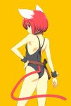  1girl animal_ears ass bare_shoulders black_swimsuit breasts cat_ears cat_girl cat_tail closed_mouth eyebrows_visible_through_hair from_behind gradient gradient_background gun hand_on_hip highres holster one-piece_swimsuit onija_tarou original red_eyes redhead short_hair sideways_mouth small_breasts smile solo swimsuit tail weapon wristband 