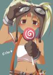  1girl ahugni bare_shoulders candy echo_(elsword) elsword food gloves googles lollipop looking_at_viewer navel potion simple_background tagme white_hair 