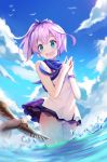  1girl :d animal azur_lane bare_shoulders bird black_ribbon blue_skirt blue_sky blurry blurry_foreground blush breasts camisole clouds cloudy_sky day depth_of_field dutch_angle fang fingernails green_eyes hair_ribbon hands_up highres javelin_(azur_lane) looking_away looking_to_the_side mobu_(wddtfy61) ocean open_mouth outdoors own_hands_together panties pink_hair plaid plaid_skirt pleated_skirt ponytail ribbon seagull short_hair skirt sky small_breasts smile solo steepled_fingers underwear wading water white_camisole white_panties 