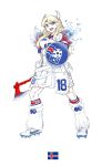  1girl 2018_fifa_world_cup :d armor armored_dress axe blonde_hair blue_eyes braid cleats daibajoujisan fang fire french_braid full_body horns iceland icelandic_flag long_hair looking_at_viewer open_mouth shield simple_background skirt smile soccer solo white_background white_footwear white_legwear white_skirt 