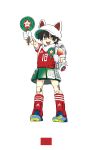  1girl 2018_fifa_world_cup :d animal_ears black_hair blue_footwear cleats daibajoujisan fake_animal_ears full_body grey_eyes hat morocco open_mouth red_legwear robot_joints shin_guards simple_background smile soccer solo white_background 