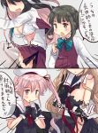  4girls black_gloves black_serafuku blush bow bowtie breasts chains cleavage gloves halterneck hands_together harusame_(kantai_collection) hirune_(konekonelkk) kantai_collection long_hair long_sleeves multiple_girls murasame_(kantai_collection) naganami_(kantai_collection) neckerchief open_mouth remodel_(kantai_collection) school_uniform serafuku skirt takanami_(kantai_collection) translation_request uniform 