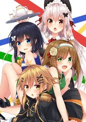  4girls :d ahoge arm_support arm_up bangs black_footwear black_hair black_jacket black_skirt blue_eyes blue_shirt blue_skirt blush breasts brown_eyes brown_hair butterfly_hair_ornament cheerleader china_dress chinese_clothes commentary_request cup dress epaulettes etna_(kuzuyu) eyebrows_visible_through_hair fang flower gloves green_dress green_eyes hair_between_eyes hair_flower hair_ornament hair_ribbon hairband hairclip haru_(komori_kuzuya) high_heels holding holding_tray jacket komori_kuzuyu long_hair long_sleeves looking_at_viewer looking_to_the_side lying maid maid_headdress medium_breasts military military_vehicle multiple_girls nao_(kuzuya) on_stomach open_mouth original pleated_skirt pom_poms red_eyes red_ribbon ribbon rivier_(kuzuyu) rose shirt shoes silver_hair sitting skirt sleeveless sleeveless_dress sleeveless_shirt small_breasts smile teacup teapot tray v-shaped_eyebrows very_long_hair white_flower white_gloves white_hairband white_rose wrist_cuffs x_hair_ornament 