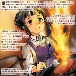  1girl apron black_hair brown_eyes colored_pencil_(medium) commentary_request cooking dated fire food frying_pan holding kantai_collection kirisawa_juuzou long_sleeves meat myoukou_(kantai_collection) numbered purple_apron shirt short_hair smile solo traditional_media translation_request twitter_username white_shirt 