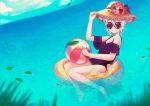  1girl ball bangs beachball blue_sky blush double_bun flower granblue_fantasy hat hat_flower holding holding_ball holding_hat innertube looking_at_viewer one-piece_swimsuit orchis outdoors shingeki_no_bahamut sky solo straw_hat summer sun_hat sunglasses suulore swimsuit water white_hair yellow_hat 