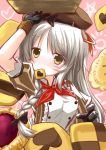  1girl arm_up beret biscuit braid breasts commentary_request flower_knight_girl food food_in_mouth gloves grey_hair hat highres izumi_yukiru komugi_(flower_knight_girl) long_hair looking_at_viewer portrait ribbon side_braid yellow_eyes 