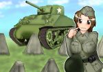  1girl breasts brown_eyes brown_hair caterpillar_tracks clouds day grass ground_vehicle kanchuumimai long_hair m4_sherman military military_uniform military_vehicle motor_vehicle original same_hiroshi sky tank uniform 