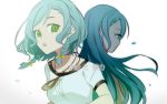  2girls :o aqua_eyes back-to-back bang_dream! bow gana_(mknumi) green_eyes hair_bow hikawa_hina hikawa_sayo jewelry long_hair multiple_girls pendant petals shirt short_hair short_sleeves siblings side_braids sisters translated twins upper_body white_shirt yellow_bow 