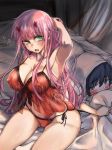  1boy 1girl babydoll bangs bare_arms bare_shoulders bed_sheet black_hair blue_eyes blush breasts cleavage collarbone commentary_request couple darling_in_the_franxx eyebrows_visible_through_hair fang green_eyes groin hand_on_own_head herozu_(xxhrd) hetero highres hiro_(darling_in_the_franxx) horns large_breasts long_hair looking_at_another looking_at_viewer lying on_stomach oni_horns open_mouth panties paties pink_hair red_babydoll red_horns red_panties short_hair side-tie_panties sitting thighs underwear zero_two_(darling_in_the_franxx) 