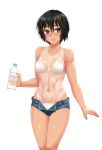 1girl amagami bare_shoulders bikini black_eyes black_hair blush bottle breasts breasts_apart collarbone gluteal_fold hair_between_eyes holding holding_bottle looking_at_viewer medium_breasts micro_shorts nanasaki_ai navel one-piece_tan short_hair short_shorts shorts simple_background smile solo stomach swimsuit tan tanline thigh_gap toned twrlare unbuttoned water_bottle white_background white_bikini 