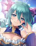  1girl aqua_eyes aqua_hair artist_request blush brave_frontier breasts cleavage crossover dress hair_ornament hand_in_hair headgear long_hair lucina_(brave_frontier) official_art phantom_of_the_kill ponytail smile 