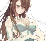  1girl 3: bodystocking breasts bright_pupils brown_hair cleavage elbow_gloves girls_frontline gloves green_eyes hair_between_eyes hand_on_own_chest impossible_clothes korean_commentary lee-enfield_(girls_frontline) leotard long_hair looking_at_viewer medium_breasts pro-p solo unfinished upper_body white_gloves 