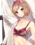  1girl 218 bangs bare_shoulders blush bow bow_bra bra breasts brown_eyes cleavage closed_mouth collarbone commentary_request curtain_grab curtains day djeeta_(granblue_fantasy) eyebrows_visible_through_hair granblue_fantasy hairband head_tilt indoors light_brown_hair looking_at_viewer medium_breasts navel pink_bra purple_hairband short_hair smile solo sunlight transparent underwear window 
