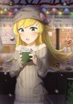  1girl bakemonogatari blonde_hair blush blush_stickers bow collarbone commentary cup english english_commentary eyebrows_visible_through_hair fang food food_on_face hat hat_bow highres holding holding_cup hot_chocolate long_hair marshmallow monogatari_(series) off-shoulder_sweater open_mouth oshino_shinobu pleated_skirt ribbed_sweater sasoura skirt solo steam sweater upper_body yellow_eyes 