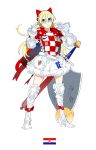 1girl 2018_fifa_world_cup armor armored_boots armored_dress blonde_hair boots croatia croatian_flag daibajoujisan full_body gloves hair_between_eyes high_heel_boots high_heels looking_at_viewer number shield simple_background skirt soccer solo sword weapon white_background white_gloves white_skirt 