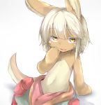  1girl :d animal_ears arm_behind_back arm_support bangs claws eyebrows_visible_through_hair fang furry hand_on_own_face looking_at_viewer made_in_abyss nanachi_(made_in_abyss) navel neko_pachi open_mouth rabbit_ears red_pupils short_hair smile solo tail topless whiskers white_hair yellow_eyes 