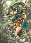  1girl armor armored_boots arrow boots bow_(weapon) breasts brown_legwear day dress dutch_angle fingerless_gloves fire_emblem fire_emblem:_rekka_no_ken floating_hair forest from_behind gloves green_dress green_eyes green_gloves green_hair hair_between_eyes hair_ornament hair_ribbon helmet holding holding_arrow holding_bow_(weapon) holding_weapon i-la kneehighs leg_up long_hair looking_at_viewer lyndis_(fire_emblem) medium_breasts nature outdoors pants ponytail red_ribbon ribbon smile very_long_hair weapon 