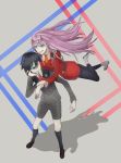  1boy 1girl absurdres bangs black_hair blue_eyes brown_footwear canon0317 commentary_request couple darling_in_the_franxx floating floating_hair green_eyes grey_legwear hair_ornament hairband hand_on_another&#039;s_arm hand_on_another&#039;s_face hetero highres hiro_(darling_in_the_franxx) horns hug hug_from_behind long_hair long_sleeves looking_at_another looking_back military military_uniform necktie one_eye_closed oni_horns orange_neckwear pink_hair red_horns red_neckwear shoes short_hair socks uniform white_hairband zero_two_(darling_in_the_franxx) 