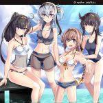  4girls :d absurdres ahoge akizuki_(kantai_collection) bare_arms bare_shoulders bikini black_bikini black_hair black_headband black_swimsuit blue_eyes blue_shorts blue_sky breasts brown_hair casual_one-piece_swimsuit cleavage closed_eyes clothes_writing clouds cloudy_sky collarbone commentary_request dated day front-tie_bikini front-tie_top green_eyes grey_eyes groin hachimaki hair_ears hatsuzuki_(kantai_collection) headband hebitsukai-san high_ponytail highres kantai_collection letterboxed light_brown_hair long_hair medium_breasts multiple_girls navel one-piece_swimsuit one_side_up open_mouth outdoors outstretched_arm ponytail see-through short_shorts shorts silver_hair sitting sky smile standing suzutsuki_(kantai_collection) swimsuit teruzuki_(kantai_collection) twitter_username wading water white_bikini white_bikini_top 